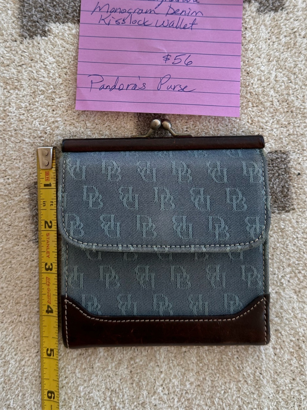 Dooney & Bourke Blue Denim Monogram Kiss-Lock Wallet with Brown Trim